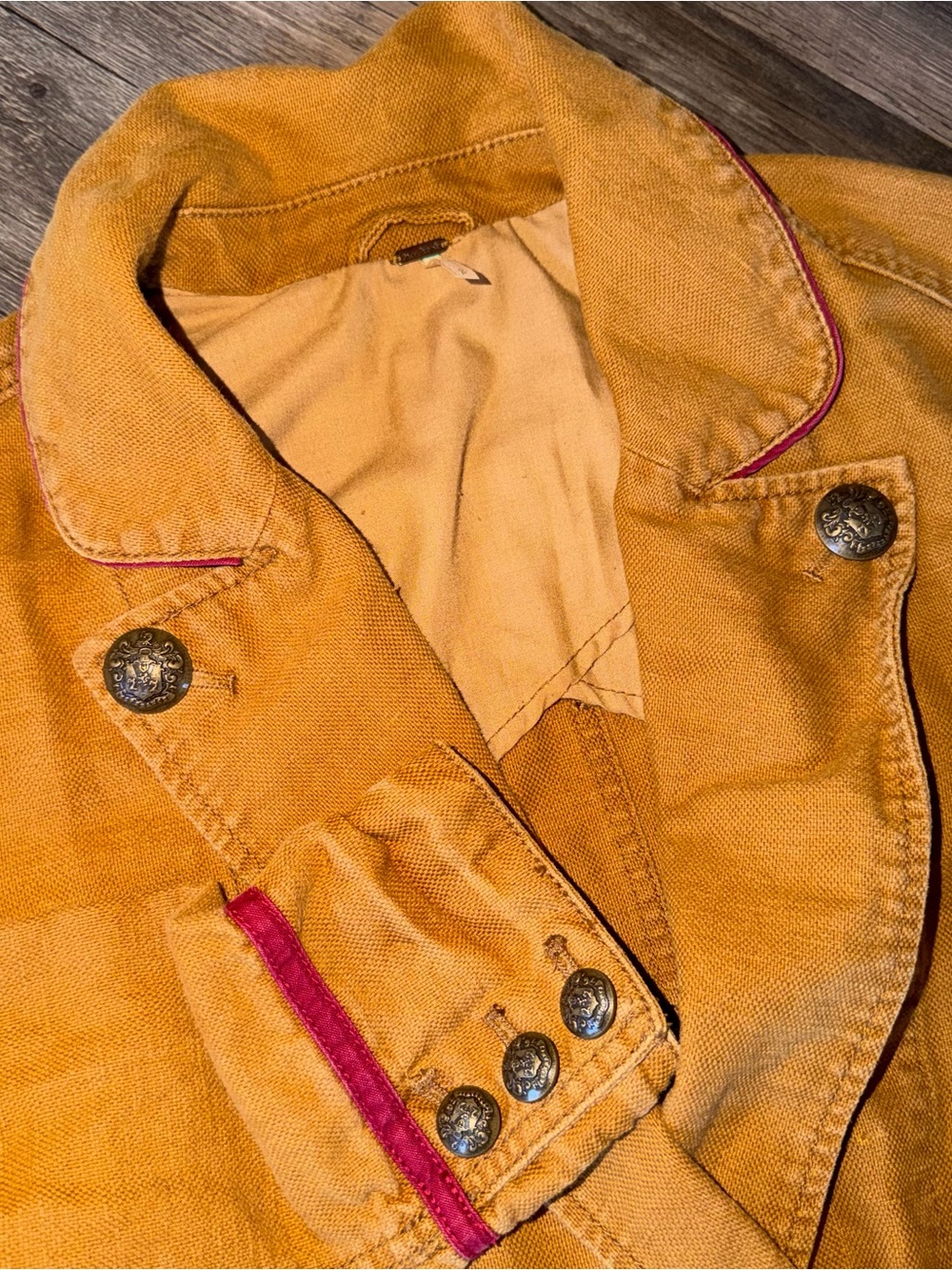 Free People Golden Mustard Pea Coat with Red Trim